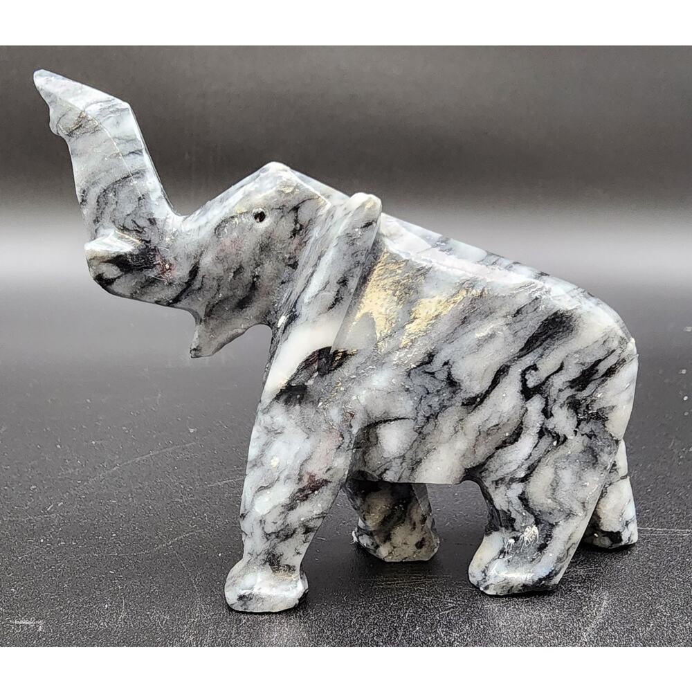 Vintage Hand‑Carved Marble Stone Elephant Figurine 3.5" Gray Veined Decor